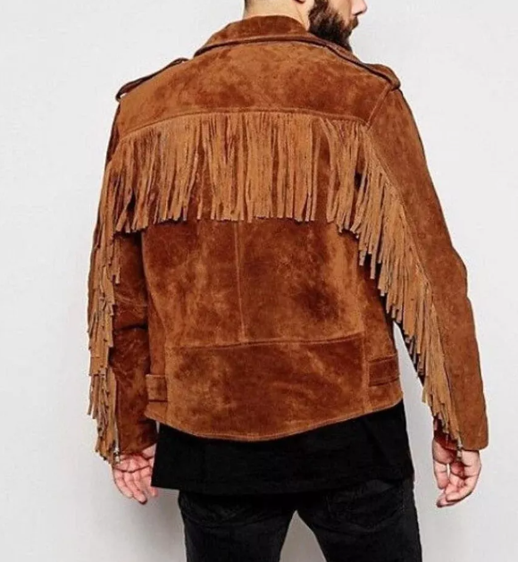 Handmade Men's Brown Fringe Jacket - 100% Pure Suede Leather Slim Fit Jacket