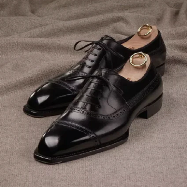 Handmade Men's Black Leather Oxford Toe-Cap Lace Up Dress Formal Shoes Men | Goodyear Welted