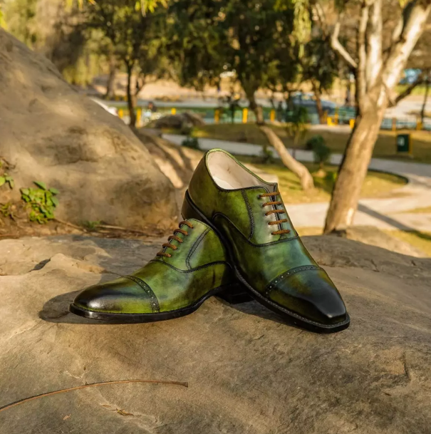 Men's Handmade Green Two Tone Cap Toe Oxford Shoes.