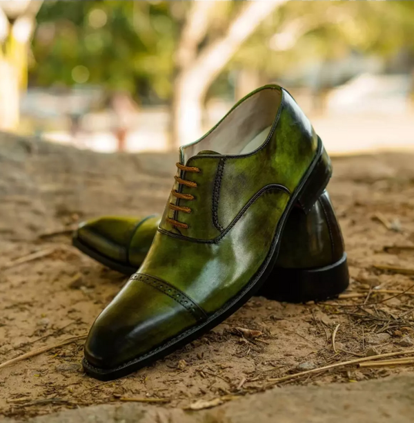 Men's Handmade Green Two Tone Cap Toe Oxford Shoes.