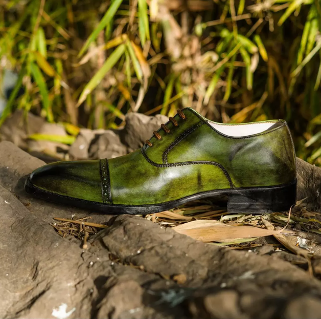 Men's Handmade Green Two Tone Cap Toe Oxford Shoes.