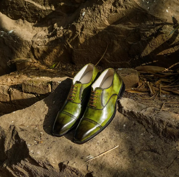 Men's Handmade Green Two Tone Cap Toe Oxford Shoes.