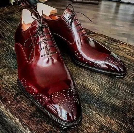 Men's Handcrafted Burgundy Leather Oxford Whole-Cut Brogue Lace Up Shoes Men