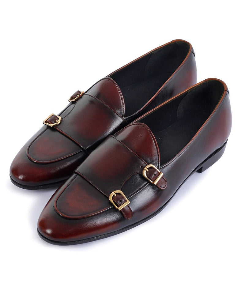 Handmade Goodyear Welted Men's Shaded Burgundy Leather Double Monk Shoes: Belgian Monk Loafer Elegance