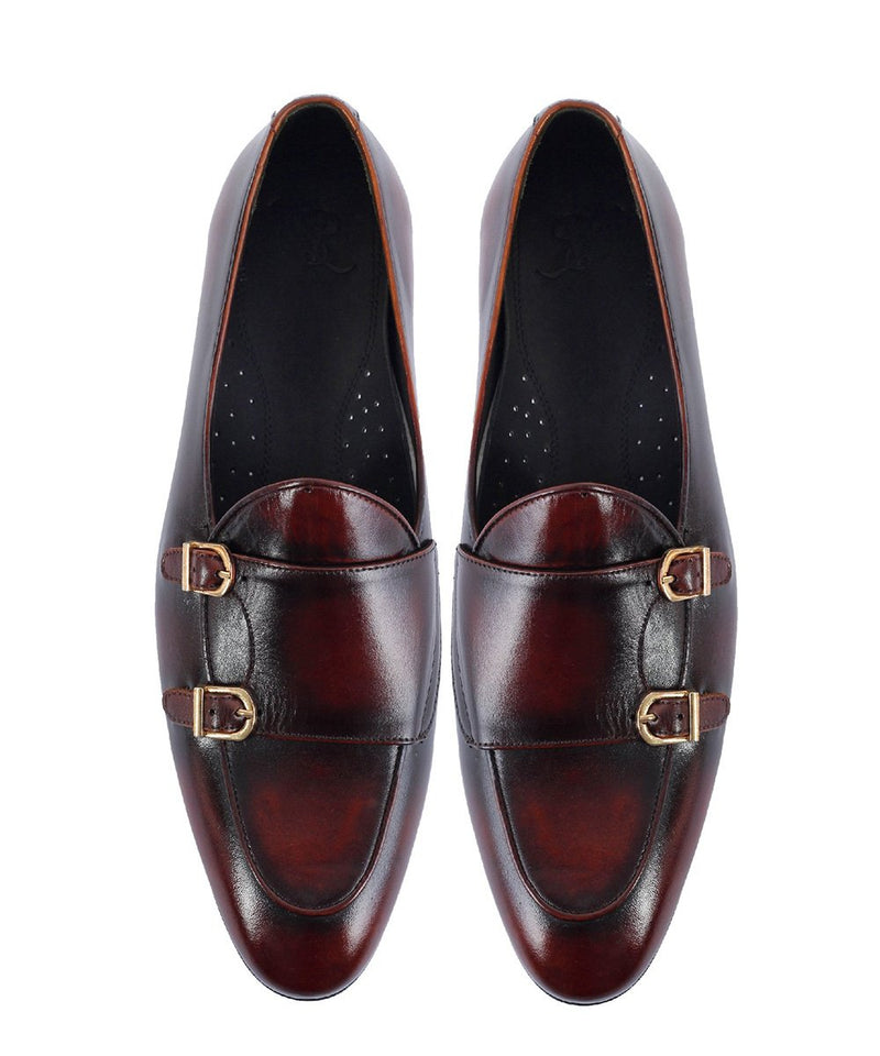 Handmade Goodyear Welted Men's Shaded Burgundy Leather Double Monk Shoes: Belgian Monk Loafer Elegance
