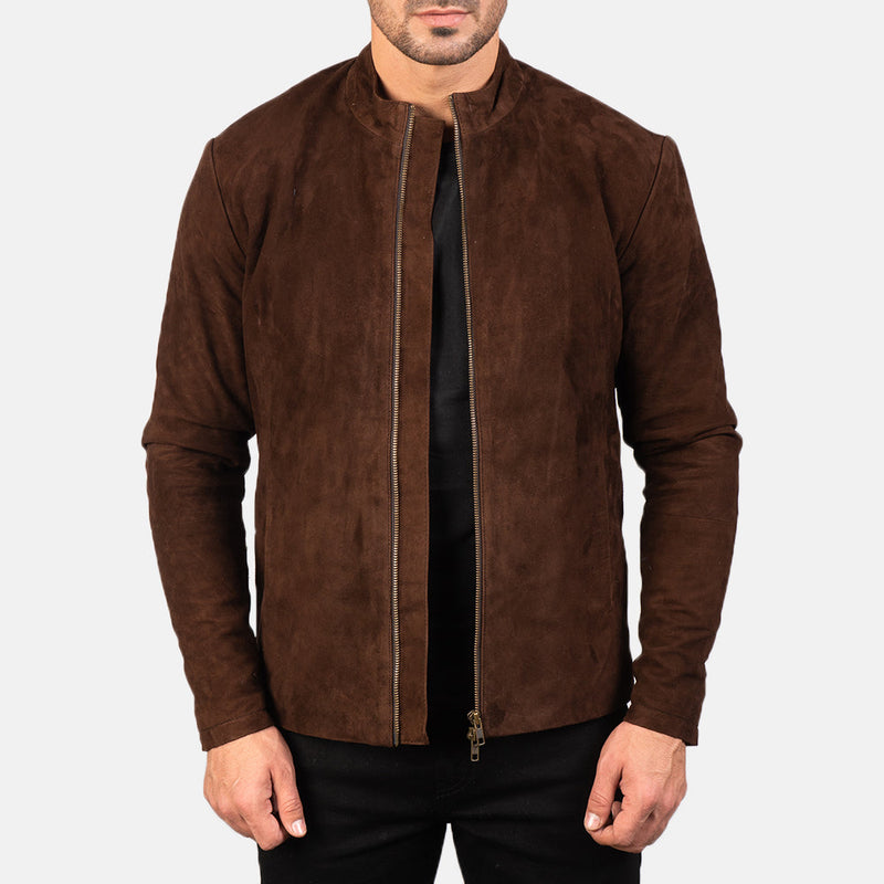 Handmade Charcoal Mocha Suede Biker Jacket – Genuine Cowhide Leather for Men