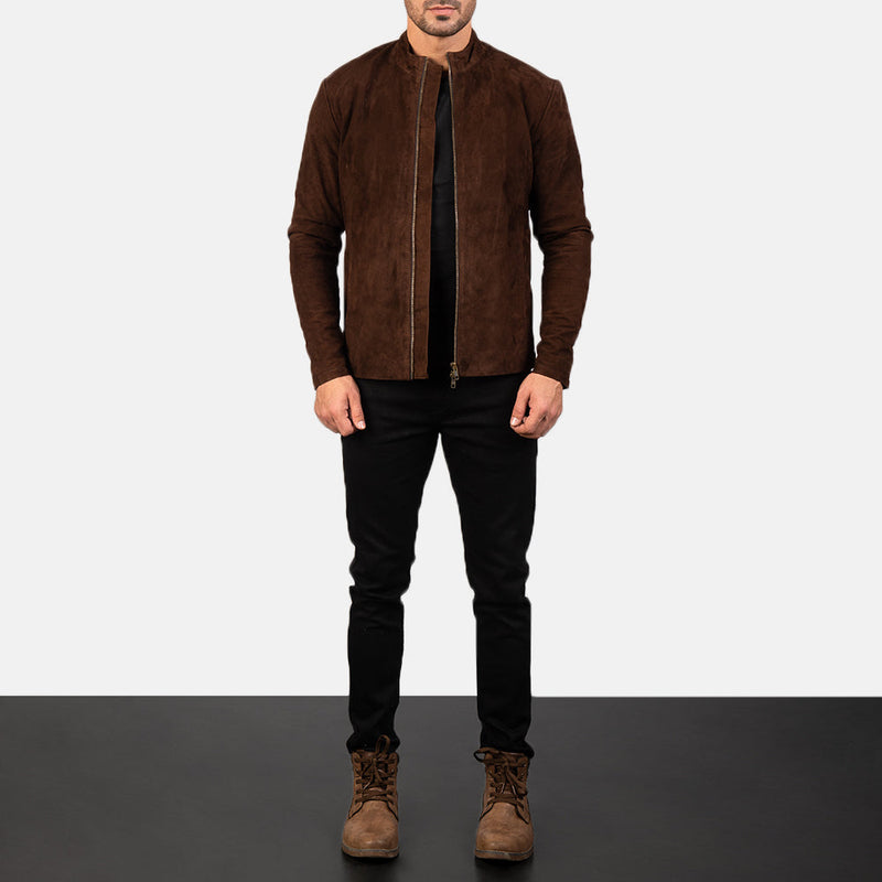 Handmade Charcoal Mocha Suede Biker Jacket – Genuine Cowhide Leather for Men