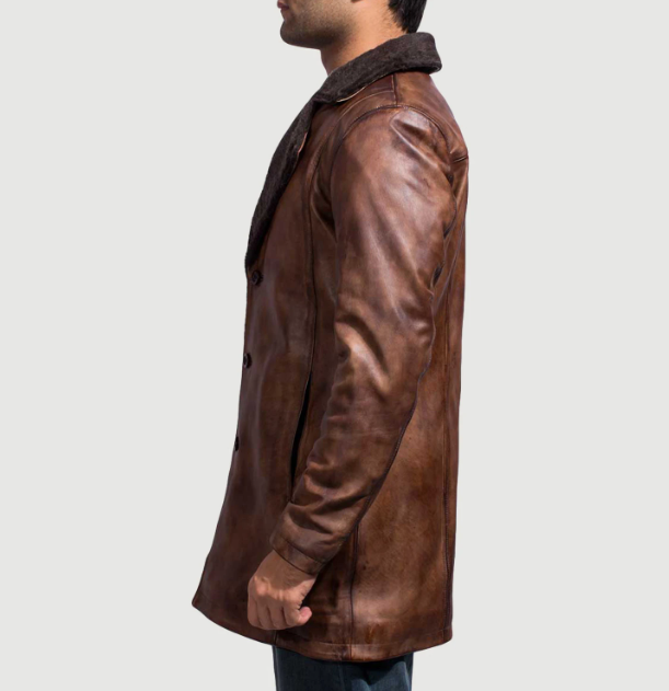 Handmade Cinnamon Distressed Leather Fur Coat – Genuine Cowhide for Men