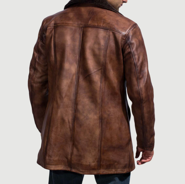 Handmade Cinnamon Distressed Leather Fur Coat – Genuine Cowhide for Men