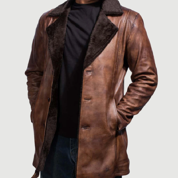 Handmade Cinnamon Distressed Leather Fur Coat – Genuine Cowhide for Men