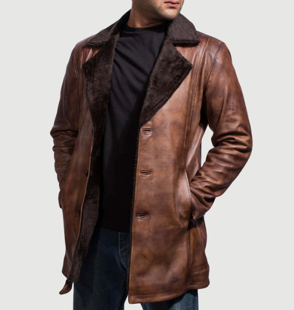 Handmade Cinnamon Distressed Leather Fur Coat – Genuine Cowhide for Men