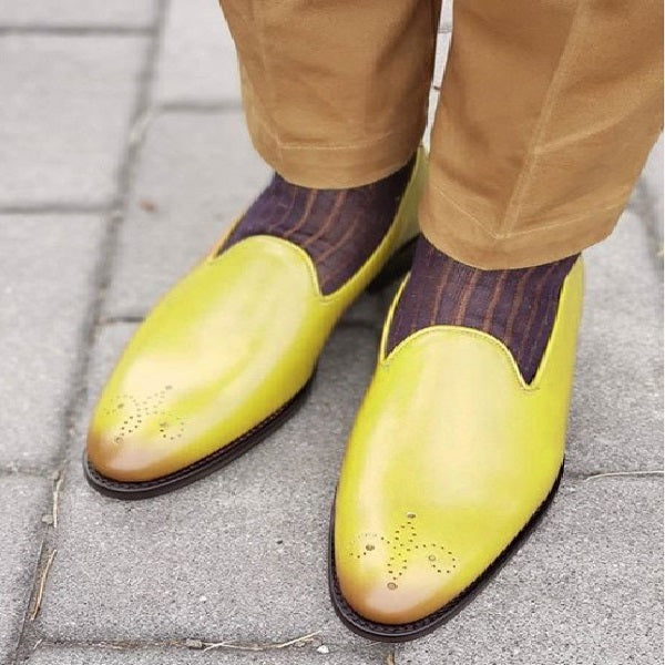 Handmade Classy Yellow Leather Casual Loafer Shoes for Men, Sip on Shoes