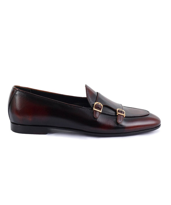 Handmade Goodyear Welted Men's Shaded Burgundy Leather Double Monk Shoes: Belgian Monk Loafer Elegance