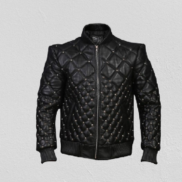 Handmade Men Studded Quilted Leather Steam Punk Motorcycle Jacket