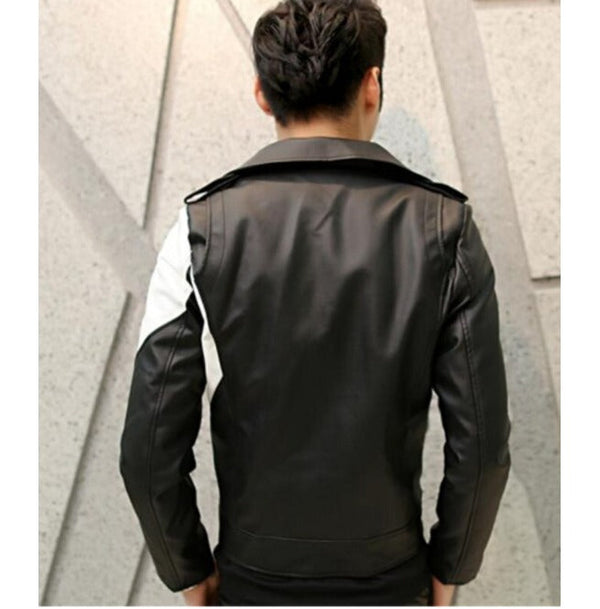Handmade Men Two Tone Biker Leather Jacket Black And White Biker Jacket