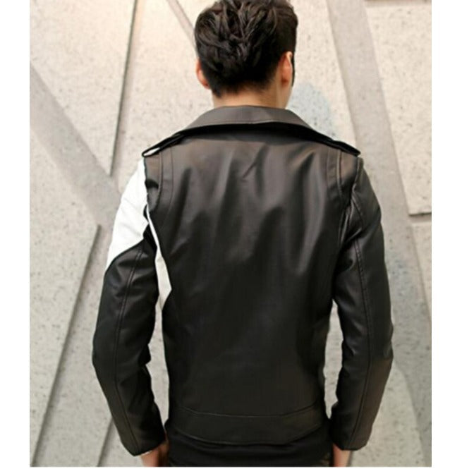 Handmade Men Two Tone Biker Leather Jacket Black And White Biker Jacket