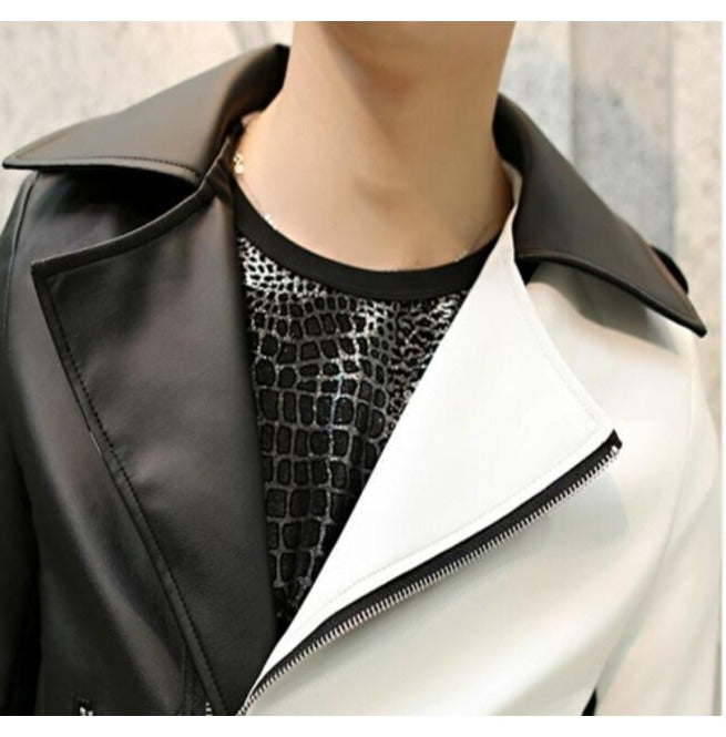 Handmade Men Two Tone Biker Leather Jacket Black And White Biker Jacket