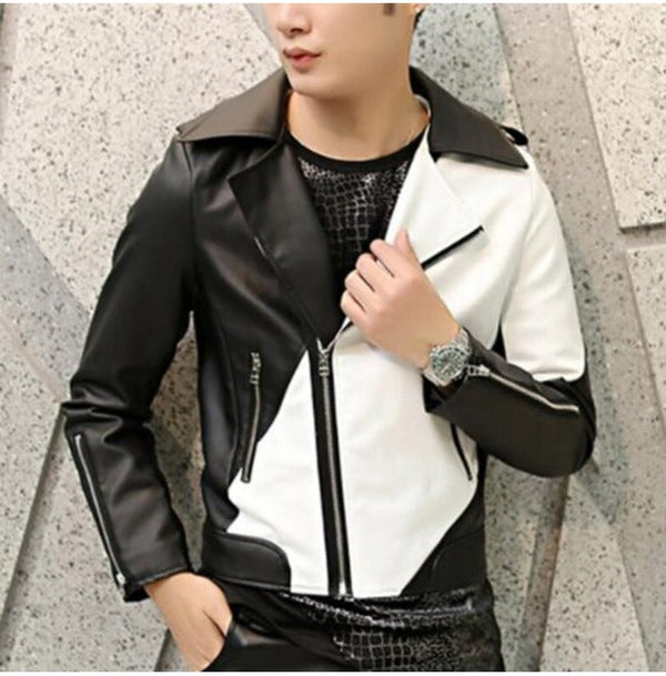 Handmade Men Two Tone Biker Leather Jacket Black And White Biker Jacket
