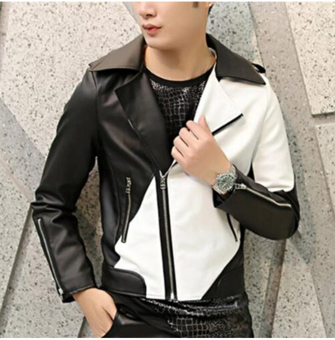Handmade Men Two Tone Biker Leather Jacket Black And White Biker Jacket
