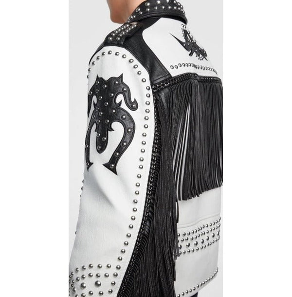 Handmade Men Two Tone Biker Studded White Leather Jacket, Motorcycle Jacket
