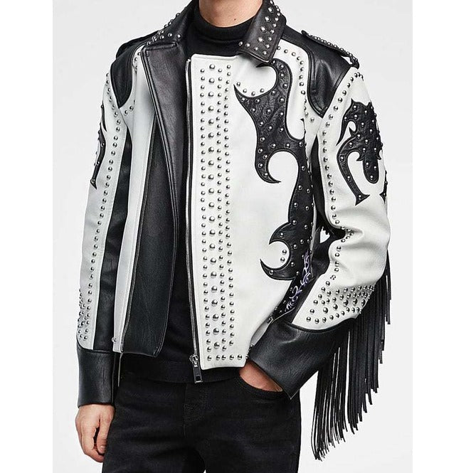 Handmade Men Two Tone Biker Studded White Leather Jacket, Motorcycle Jacket
