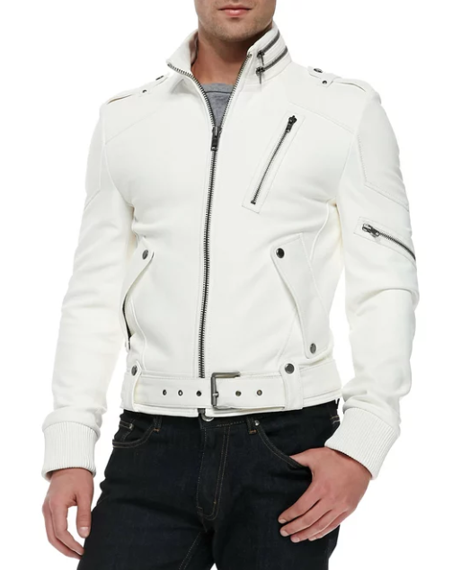 Handmade Men White Fashion Genuine Cowhide Leather Jacket, Mens Genuine Leather Jacket, Jackets