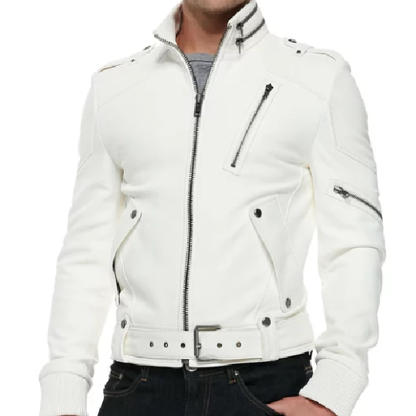 Handmade Men White Fashion Genuine Cowhide Leather Jacket, Mens Genuine Leather Jacket, Jackets
