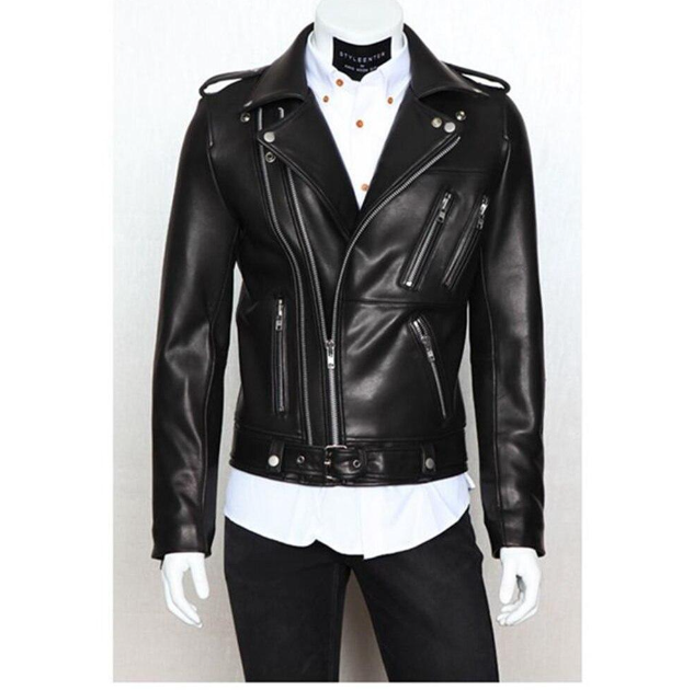 Handmade Men's Black Leather Biker Jacket with Zipper Details