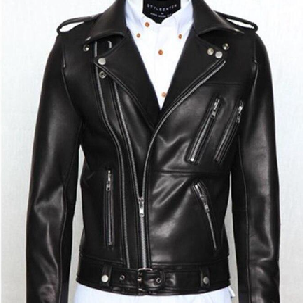 Handmade Men's Black Leather Biker Jacket with Zipper Details