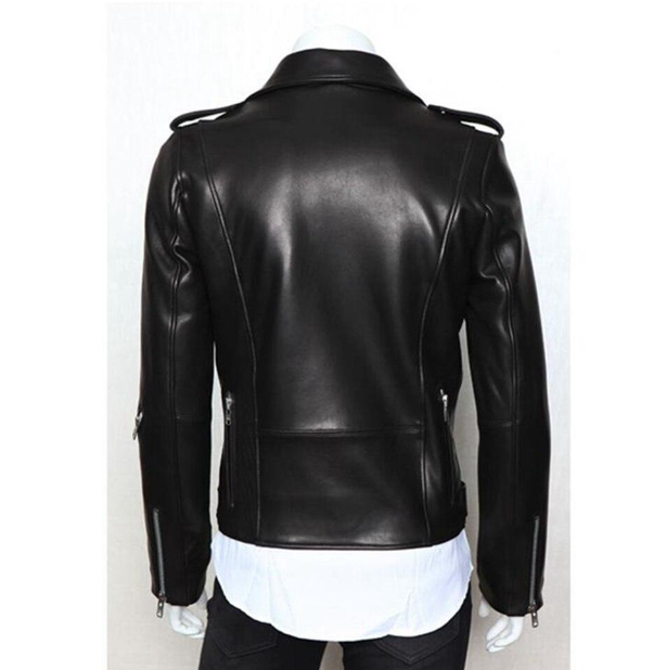 Handmade Men's Black Leather Biker Jacket with Zipper Details