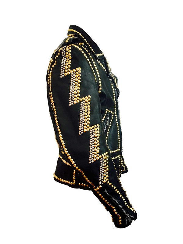 Handmade Men's Black Punk Gold Long Spiked Studded Leather Jacket – Genuine Cowhide