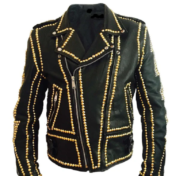 Handmade Men's Black Punk Gold Long Spiked Studded Leather Jacket – Genuine Cowhide