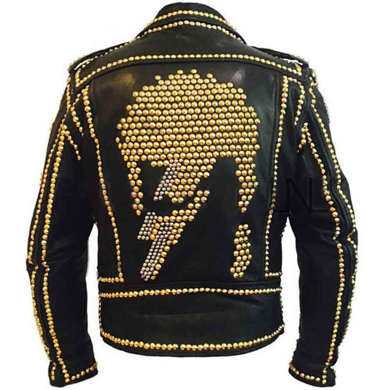 Handmade Men's Black Punk Gold Long Spiked Studded Leather Jacket – Genuine Cowhide