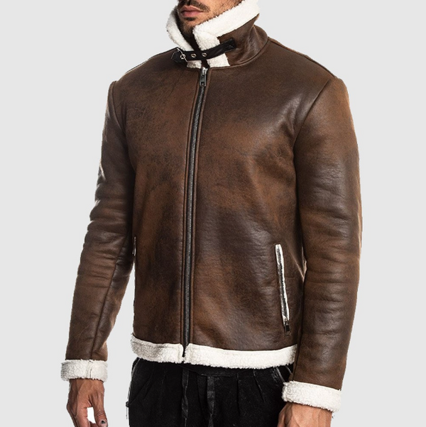 Handmade Men's Brown Shearling-Lined Genuine Cowhide Leather Jacket with Zipper Closure