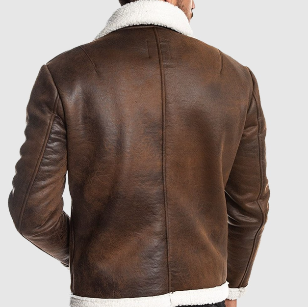 Handmade Men's Brown Shearling-Lined Genuine Cowhide Leather Jacket with Zipper Closure
