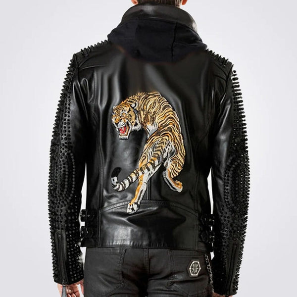 Handmade Men's Designer Hooded Biker Studded Leather Jacket with Lion Printed Back – Genuine Cowhide
