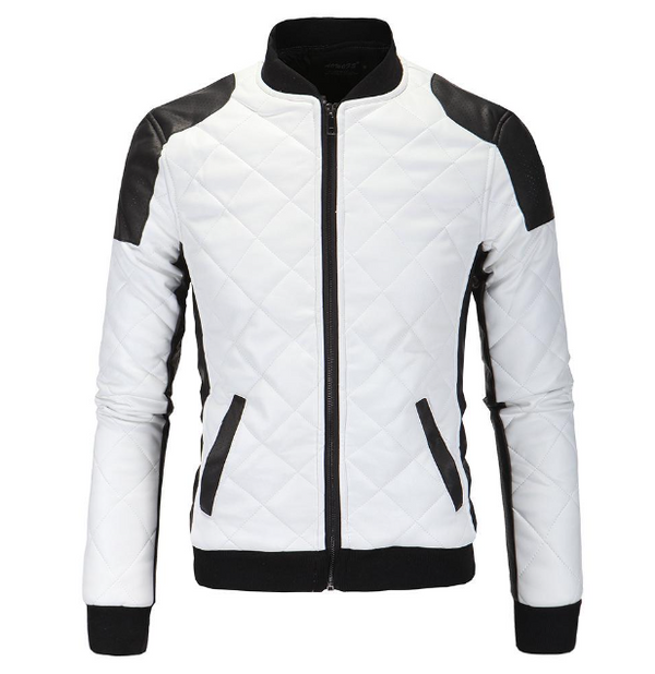 Handmade Men's White Quilted Jacket with Black Accents