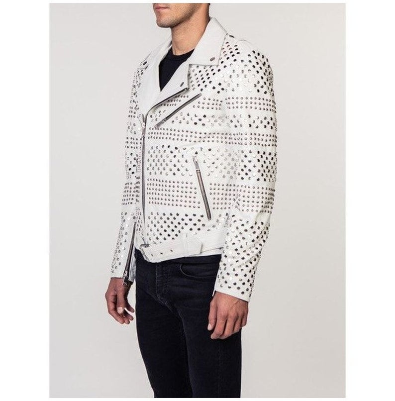 Handmade Mens Punk Style White Sliver Studded Brando Biker Leather Jacket
