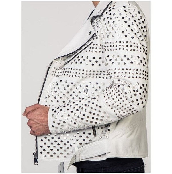 Handmade Mens Punk Style White Sliver Studded Brando Biker Leather Jacket