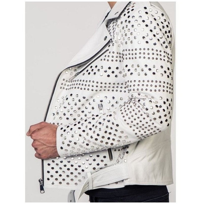 Handmade Mens Punk Style White Sliver Studded Brando Biker Leather Jacket