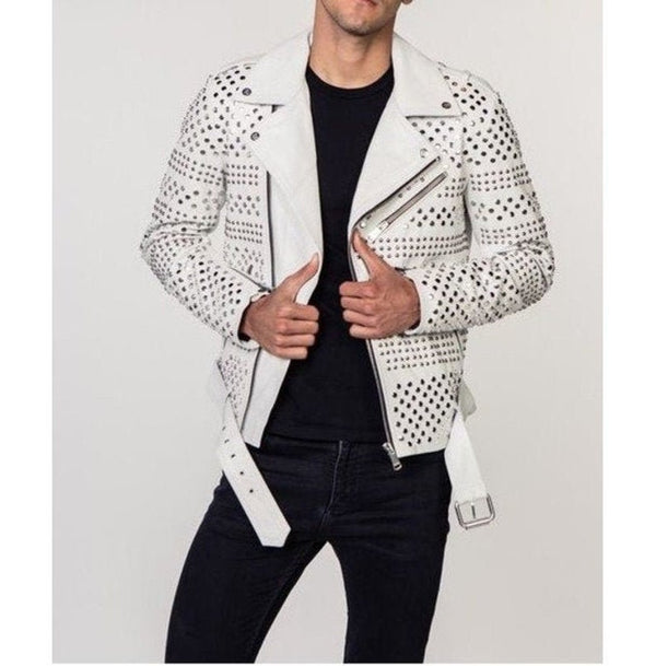 Handmade Mens Punk Style White Sliver Studded Brando Biker Leather Jacket
