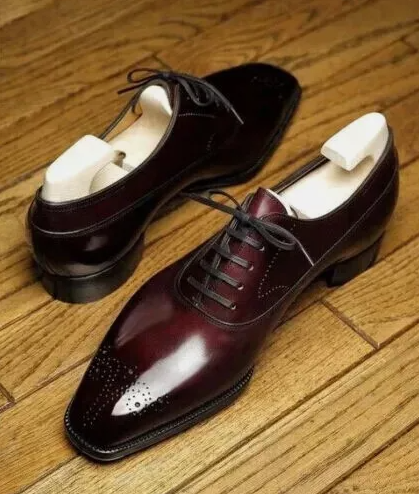 Men's Handmade Burnished Burgundy Leather Oxford Brogue Lace Up Dress Shoes