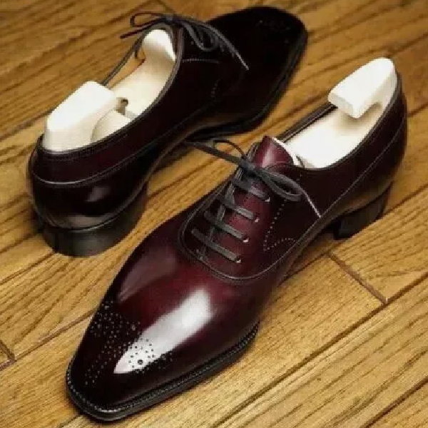 Men's Handmade Burnished Burgundy Leather Oxford Brogue Lace Up Dress Shoes