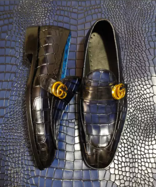 Handmade Blue Crocodile Moccasin, Strap Style Leather Moccasin for Mens