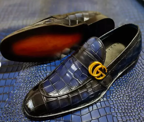 Handmade Blue Crocodile Moccasin, Strap Style Leather Moccasin for Mens