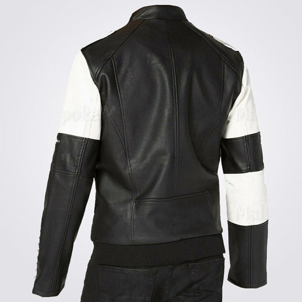 New Men’s Two Tone Black White Genuine Leather Silver Studded Biker Jacket
