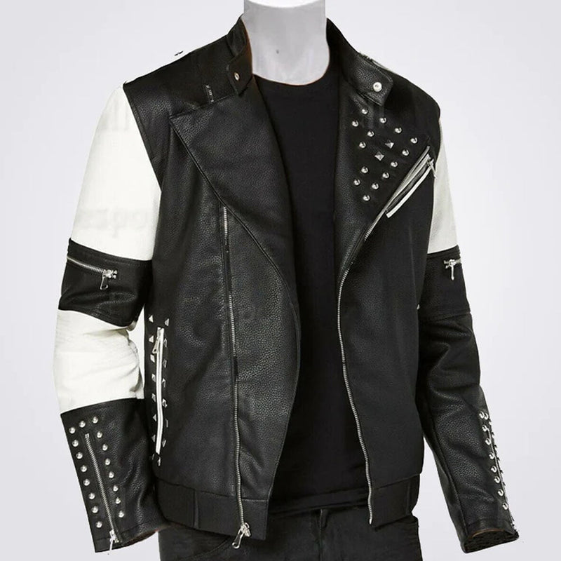 New Men’s Two Tone Black White Genuine Leather Silver Studded Biker Jacket