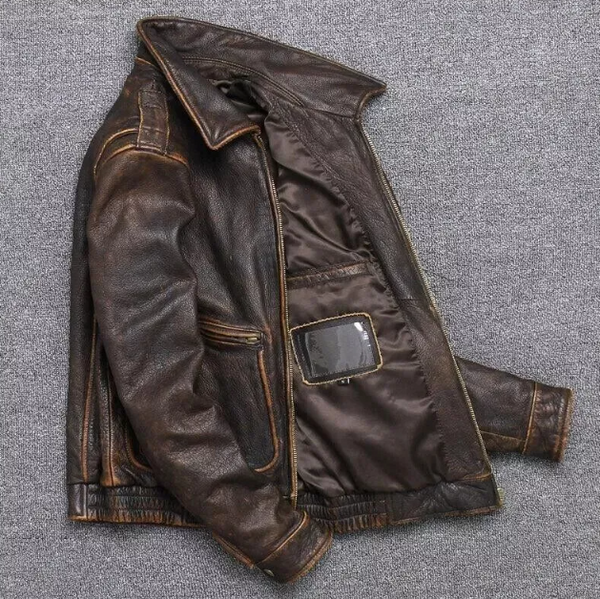 Handmade Men's American Pilot Air Force Jacket - Vintage Brown Maroon Black Genuine Cowhide Leather
