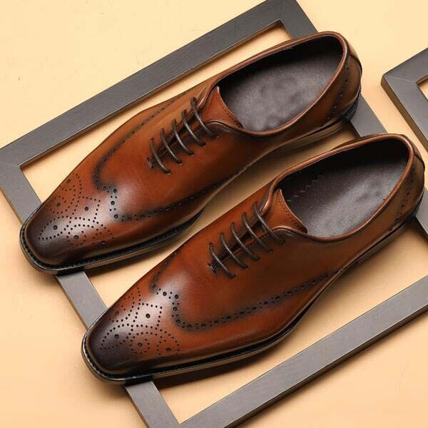 Handmade Mens Wing Tip Brogue Lace Up Square Toe Dress Shoes, Real Leather Shoes