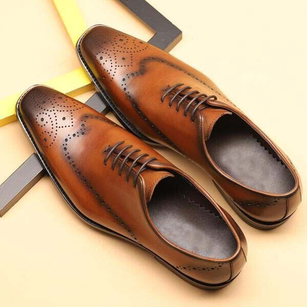 Handmade Mens Wing Tip Brogue Lace Up Square Toe Dress Shoes, Real Leather Shoes